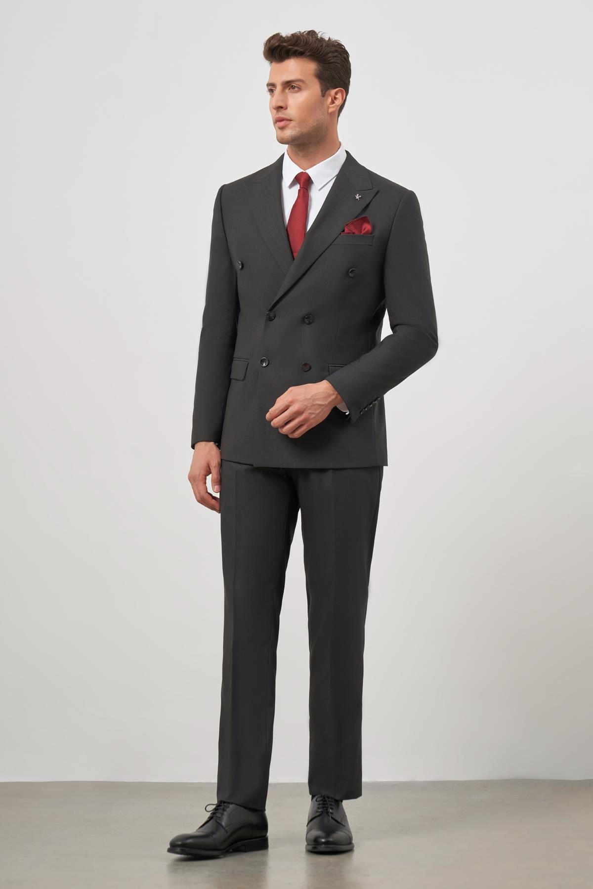 Siyah Kırlangıç Yaka Çizgili Kruvaze 6 Drop Slim Fit Tam Astar Esnek Takım Elbise 1001245157