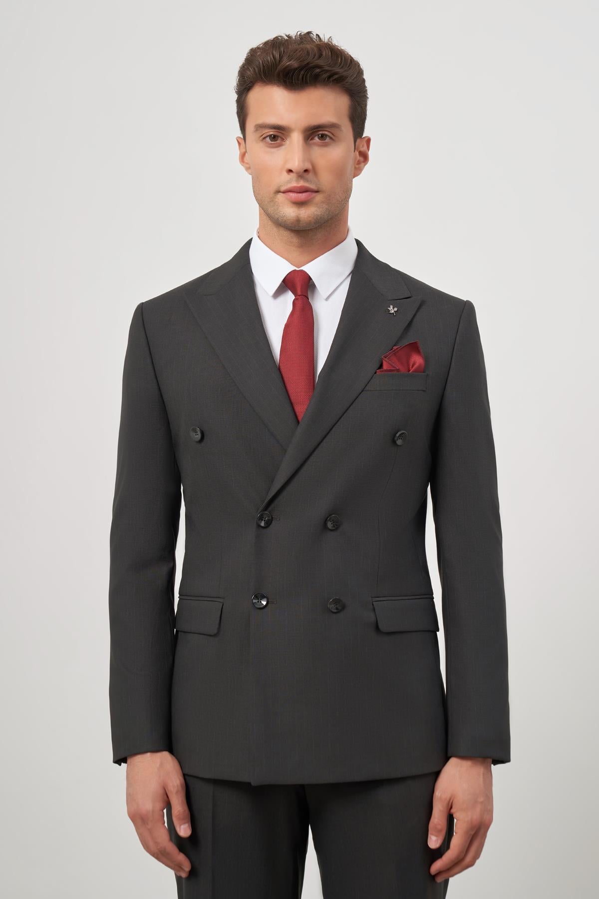 Siyah Kırlangıç Yaka Çizgili Kruvaze 6 Drop Slim Fit Tam Astar Esnek Takım Elbise 1001245157