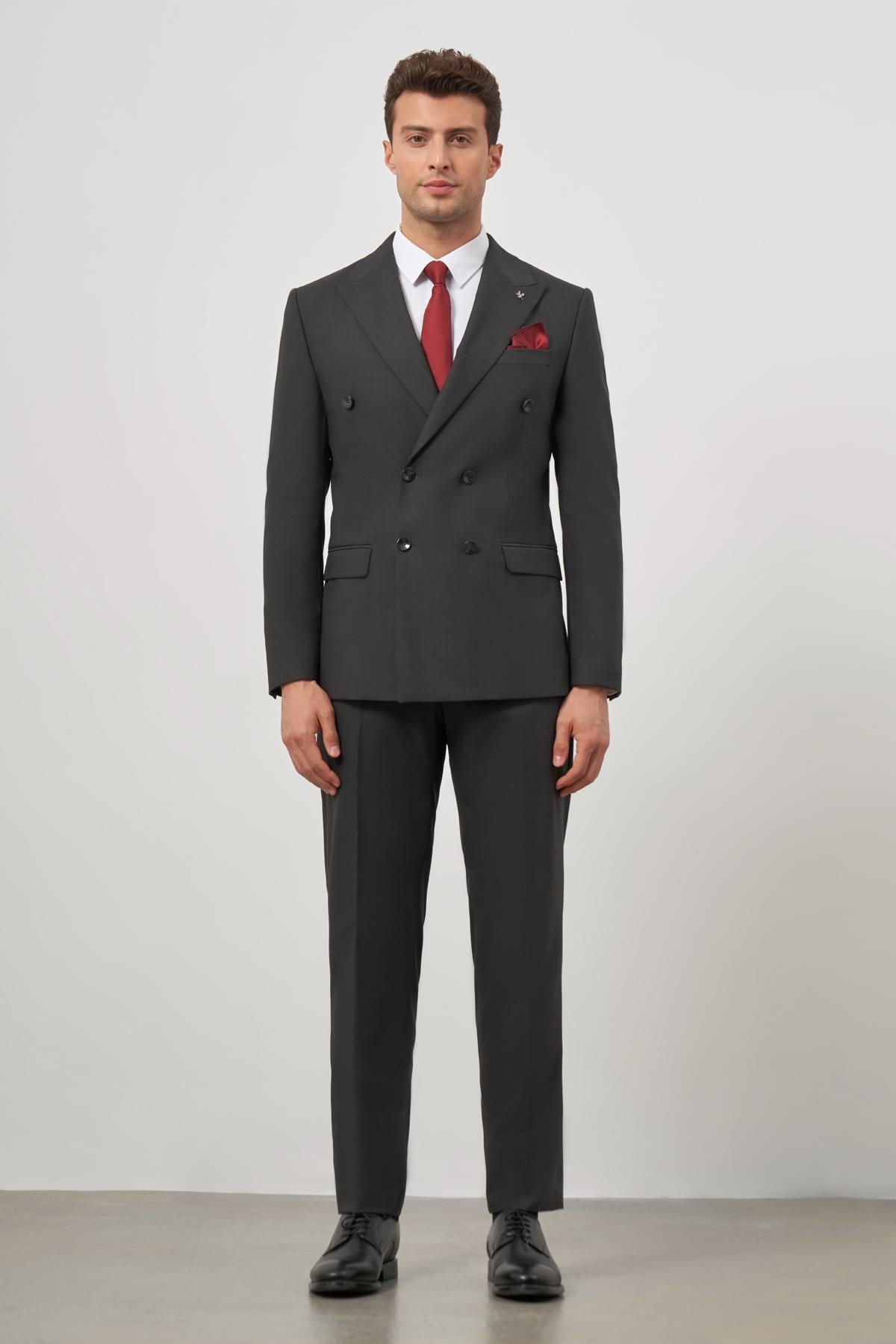 Siyah Kırlangıç Yaka Çizgili Kruvaze 6 Drop Slim Fit Tam Astar Esnek Takım Elbise 1001245157