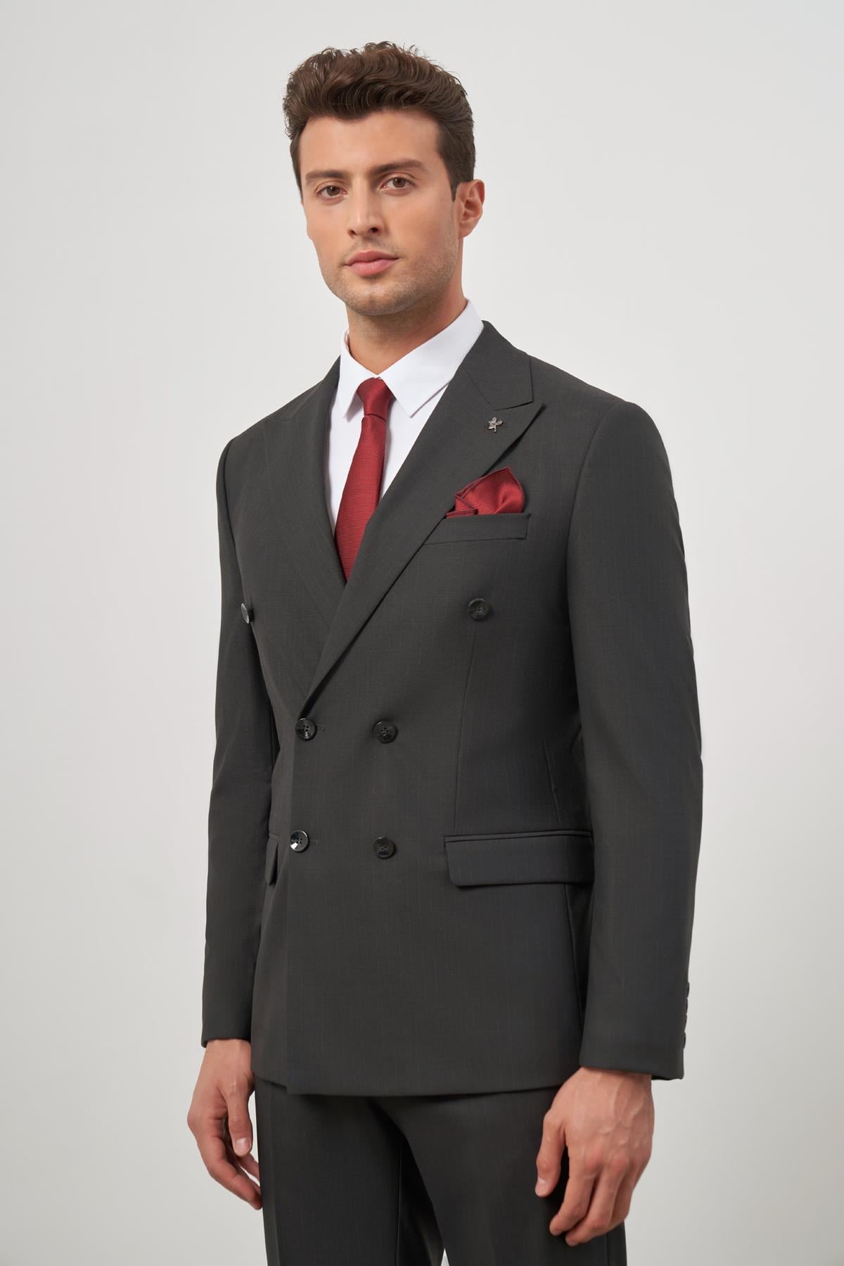 Siyah Kırlangıç Yaka Çizgili Kruvaze 6 Drop Slim Fit Tam Astar Esnek Takım Elbise 1001245157