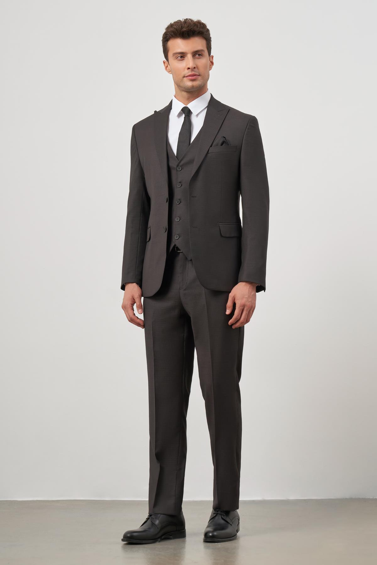 Siyah Kırlangıç Yaka Yelekli 6 Drop Slim Fit Tam Astar Yünlü Takım Elbise 1001245156