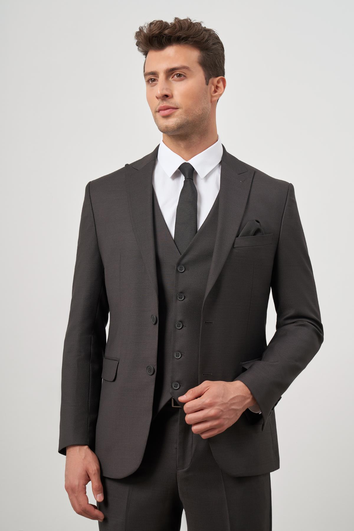 Siyah Kırlangıç Yaka Yelekli 6 Drop Slim Fit Tam Astar Yünlü Takım Elbise 1001245156
