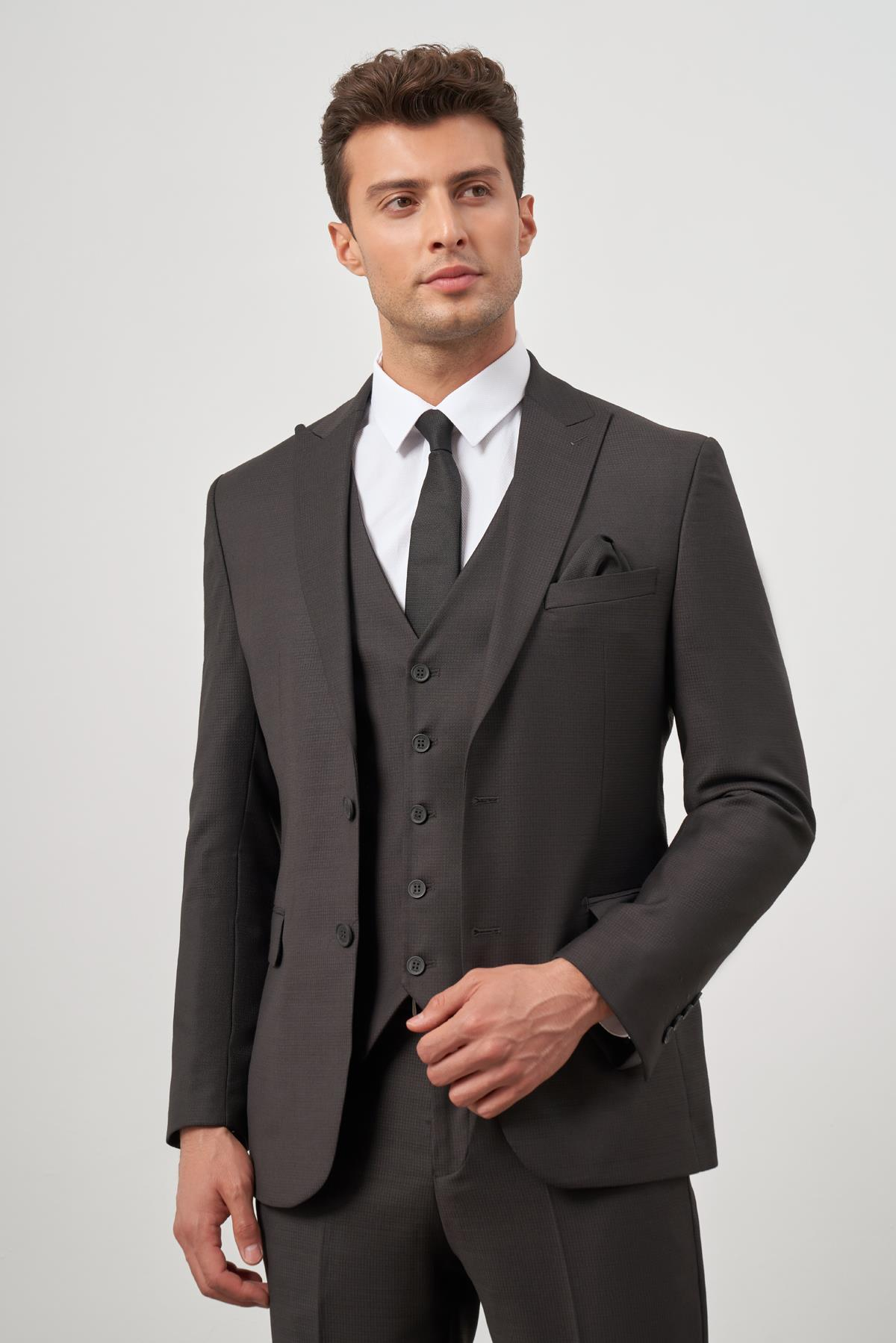 Siyah Kırlangıç Yaka Yelekli 6 Drop Slim Fit Tam Astar Yünlü Takım Elbise 1001245156