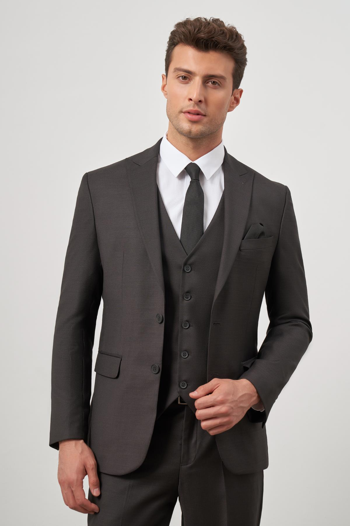 Siyah Kırlangıç Yaka Yelekli 6 Drop Slim Fit Tam Astar Yünlü Takım Elbise 1001245156