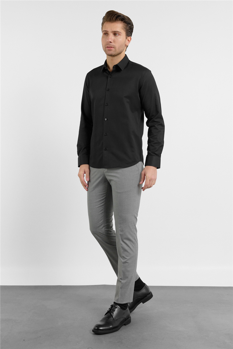 Siyah Dokulu Sert Yaka Uzun Kol Cepsiz Slim Fit Pamuklu Gömlek 1004255283