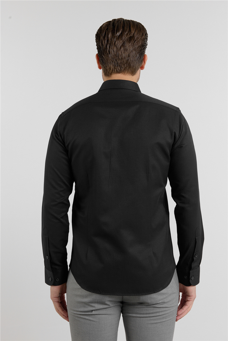 Siyah Dokulu Sert Yaka Uzun Kol Cepsiz Slim Fit Pamuklu Gömlek 1004255283