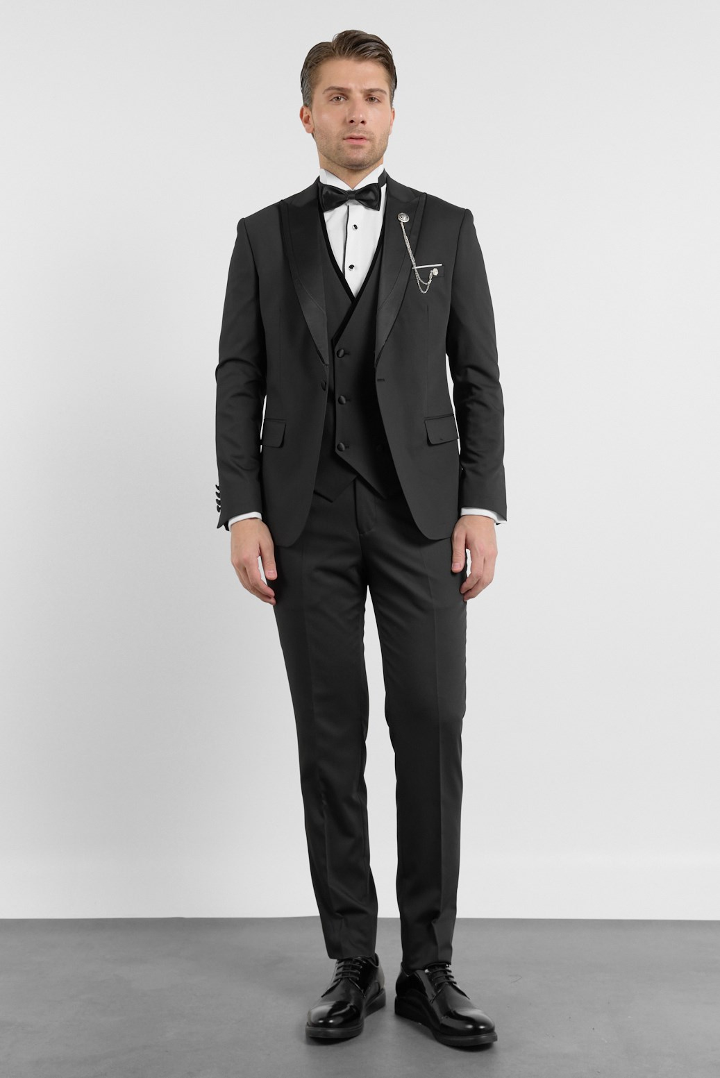 Siyah Kılıç Yaka Düz Desen 6 Drop Slim Fit Esnek Yelekli Takım Elbise 1001260287