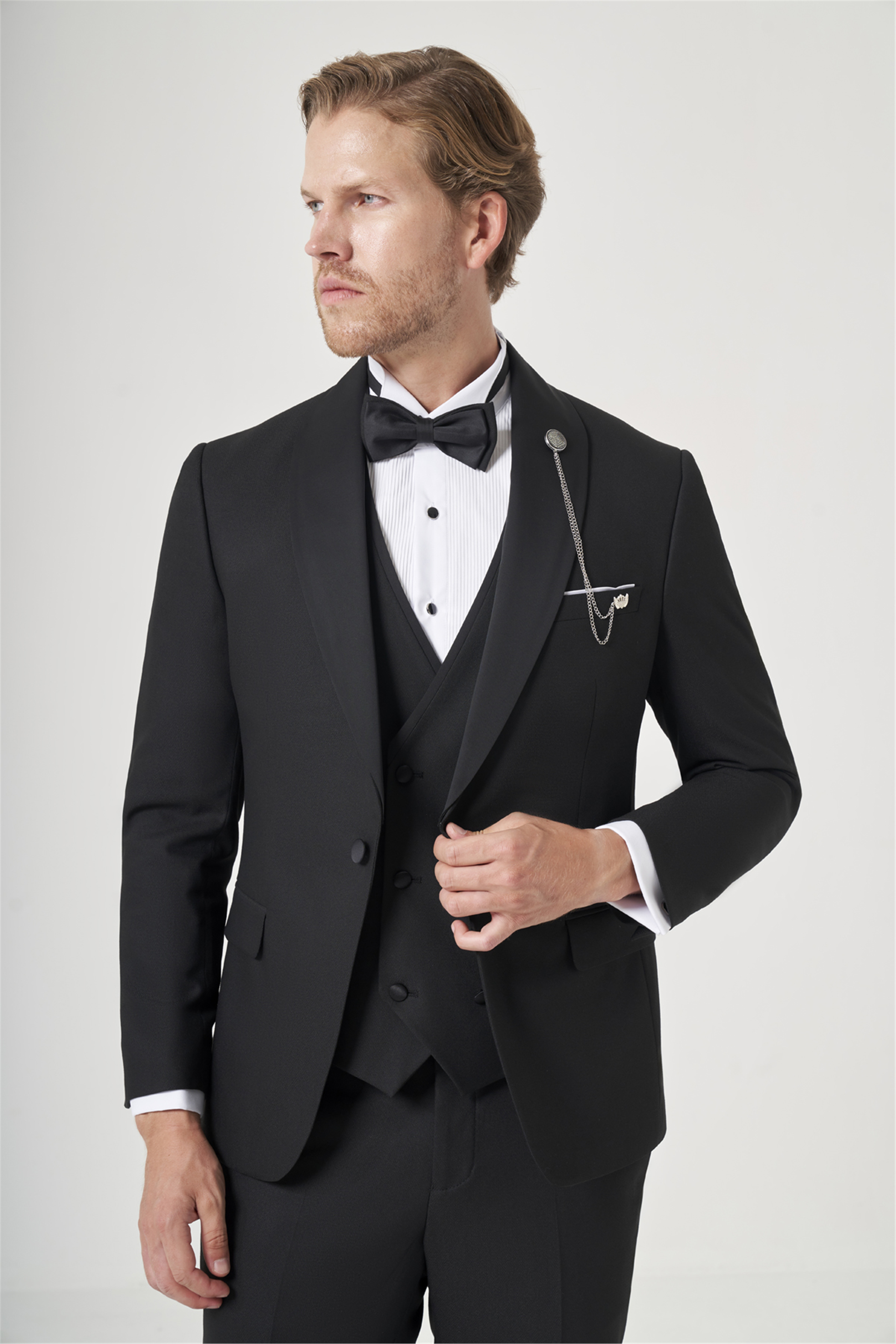Siyah Kırlangıç Yaka Düz Desen 6 Drop Slim Fit Yelekli Damatlık Takım Elbise 1001260206