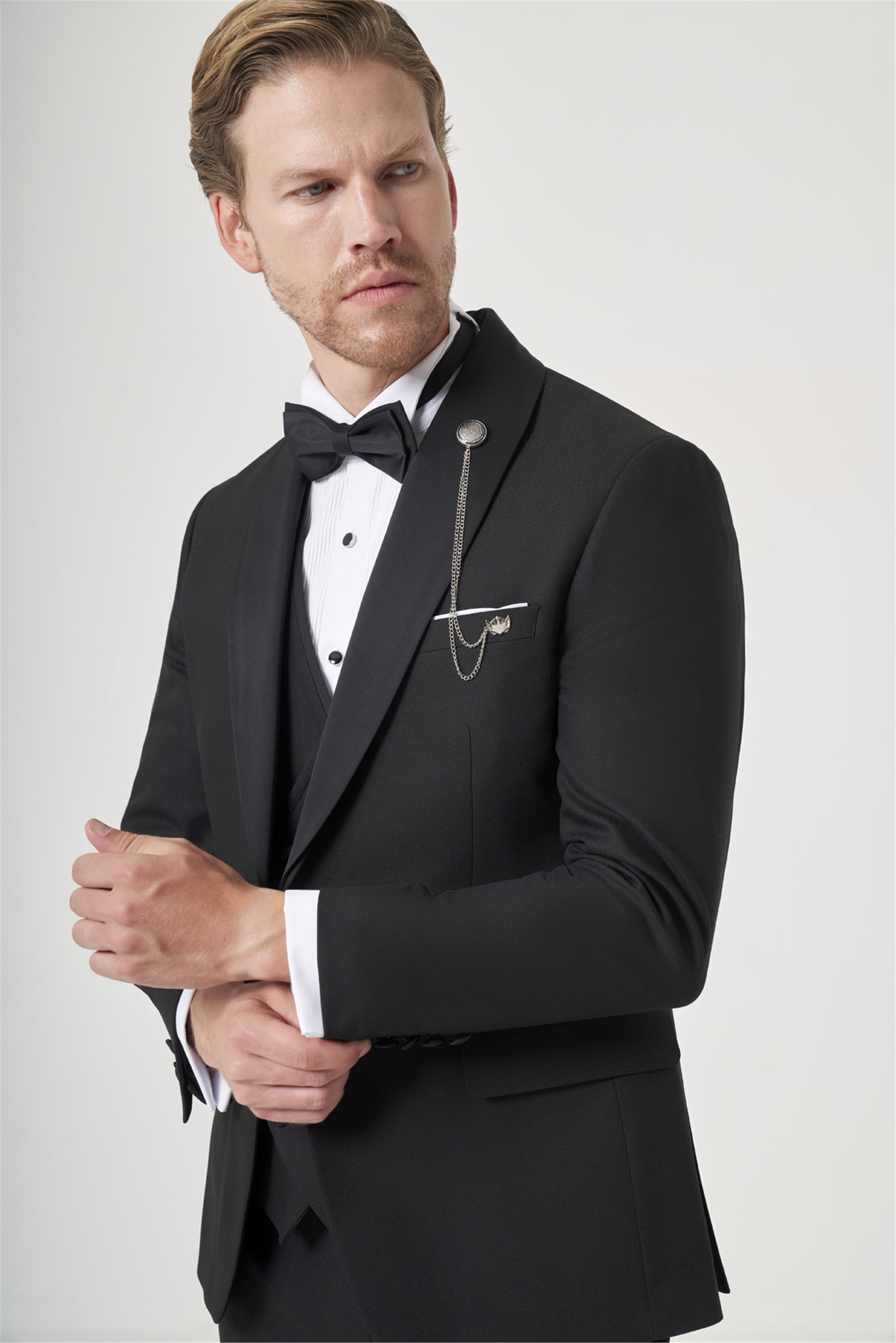 Siyah Kırlangıç Yaka Düz Desen 6 Drop Slim Fit Yelekli Damatlık Takım Elbise 1001260206
