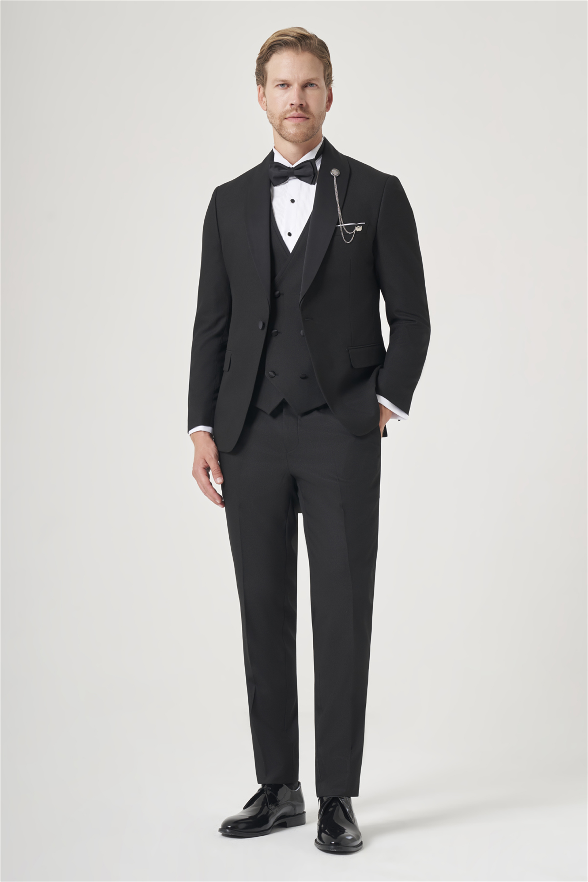 Siyah Kırlangıç Yaka Düz Desen 6 Drop Slim Fit Yelekli Damatlık Takım Elbise 1001260206