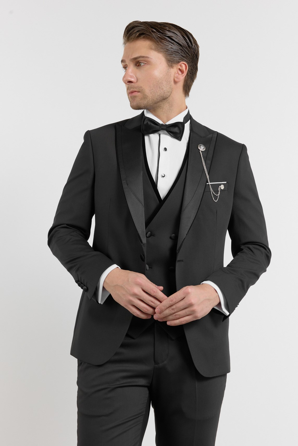 Siyah Kılıç Yaka Düz Desen 6 Drop Slim Fit Esnek Yelekli Takım Elbise 1001260287