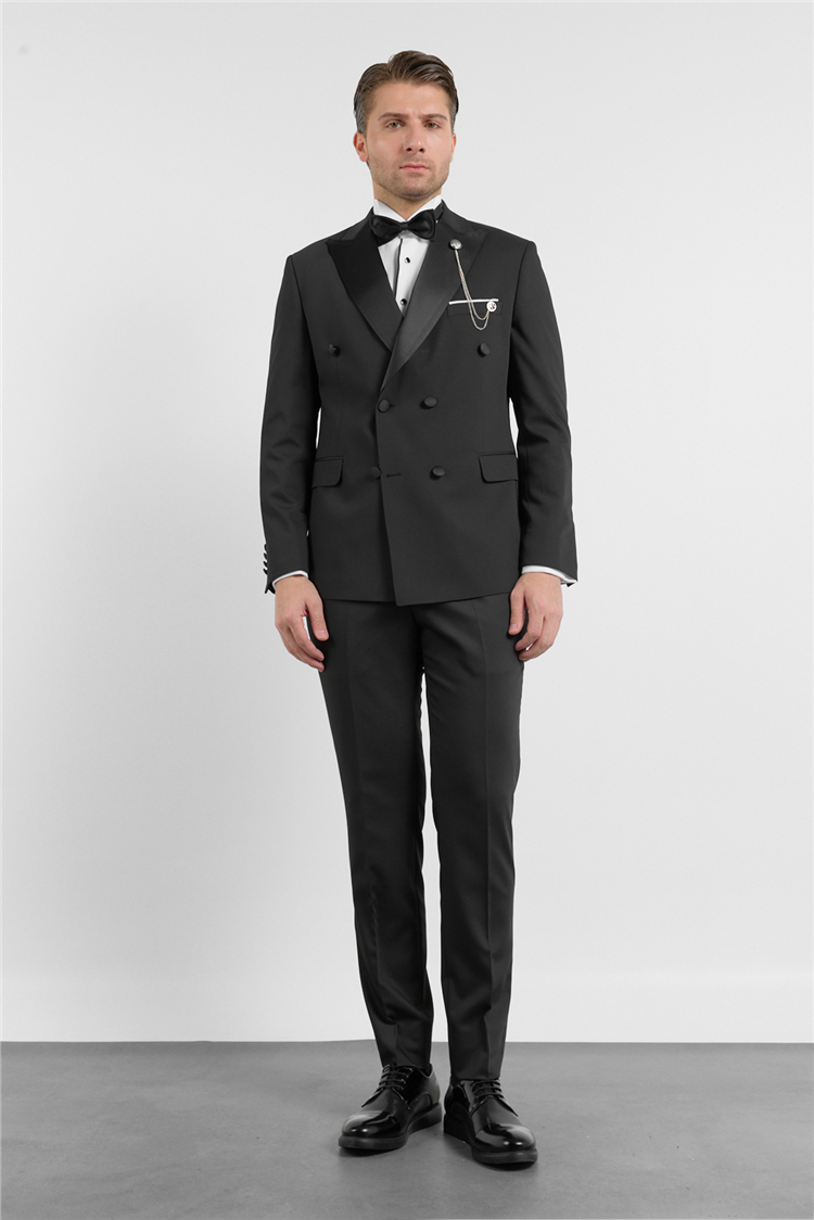 Siyah Kılıç Yaka Düz Desen 6 Drop Slim Fit Esnek Takım Elbise 1001260203