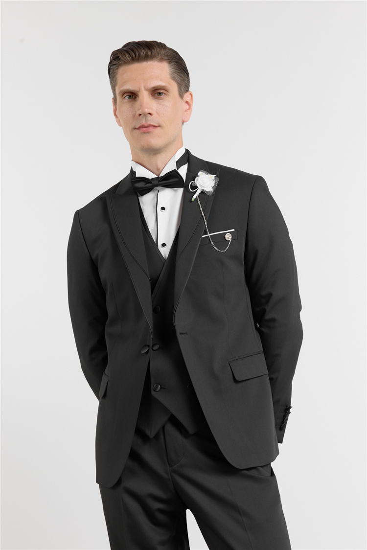 Siyah Kılıç Yaka Düz Desen 6 Drop Slim Fit Esnek Yelekli Takım Elbise 1001260290