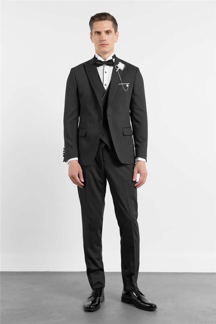 Siyah Kılıç Yaka Düz Desen 6 Drop Slim Fit Esnek Yelekli Takım Elbise 1001260290