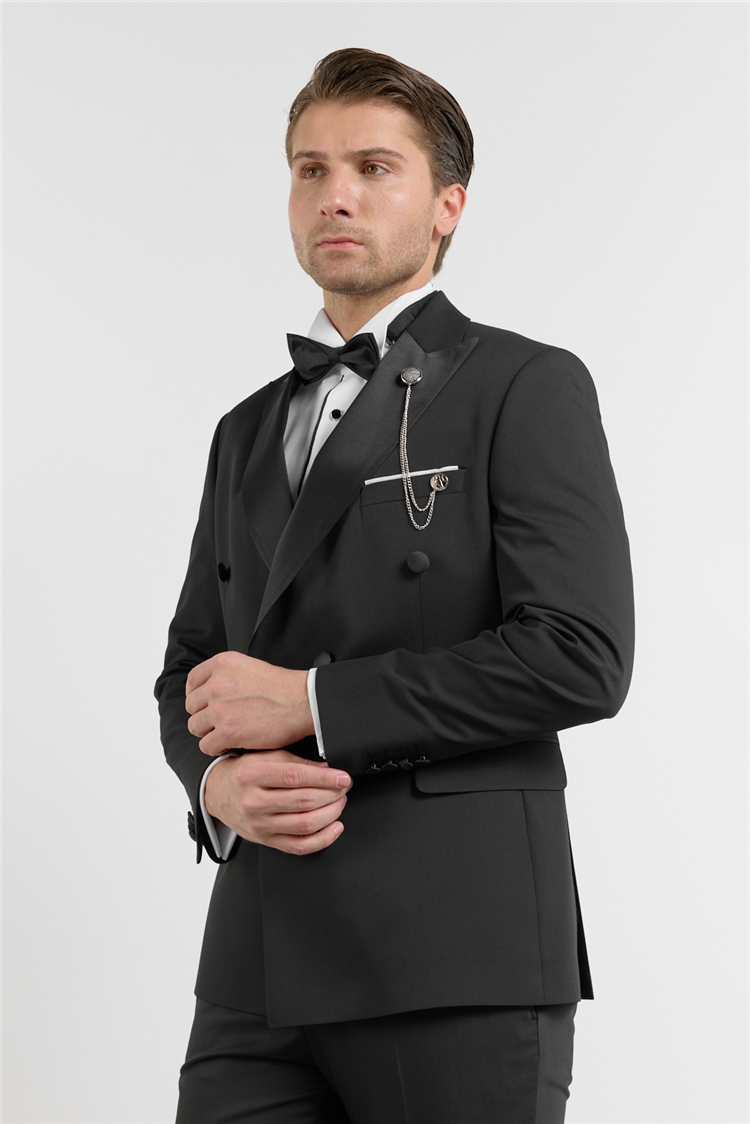 Siyah Kılıç Yaka Düz Desen 6 Drop Slim Fit Esnek Takım Elbise 1001260203