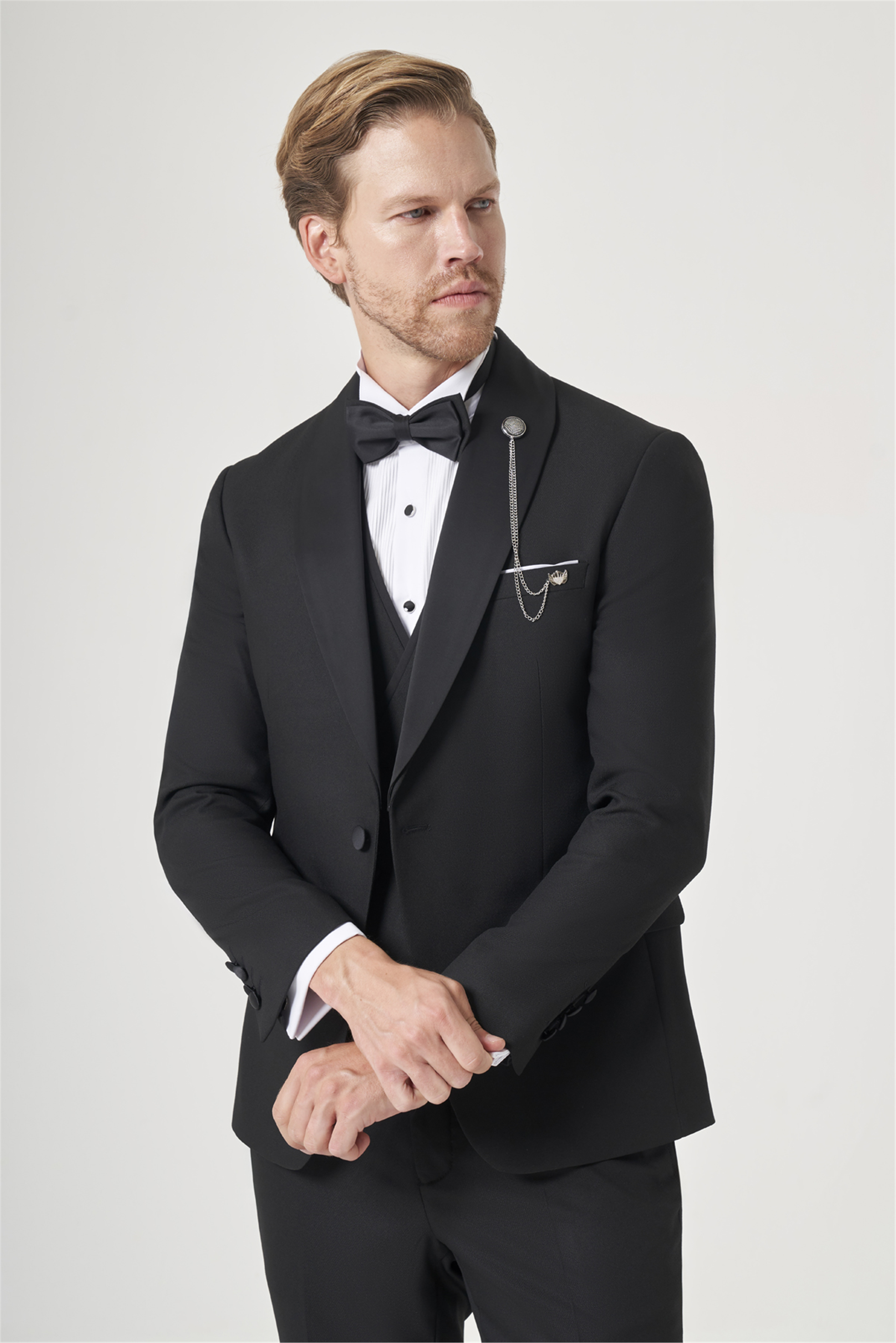 Siyah Kırlangıç Yaka Düz Desen 6 Drop Slim Fit Yelekli Damatlık Takım Elbise 1001260206