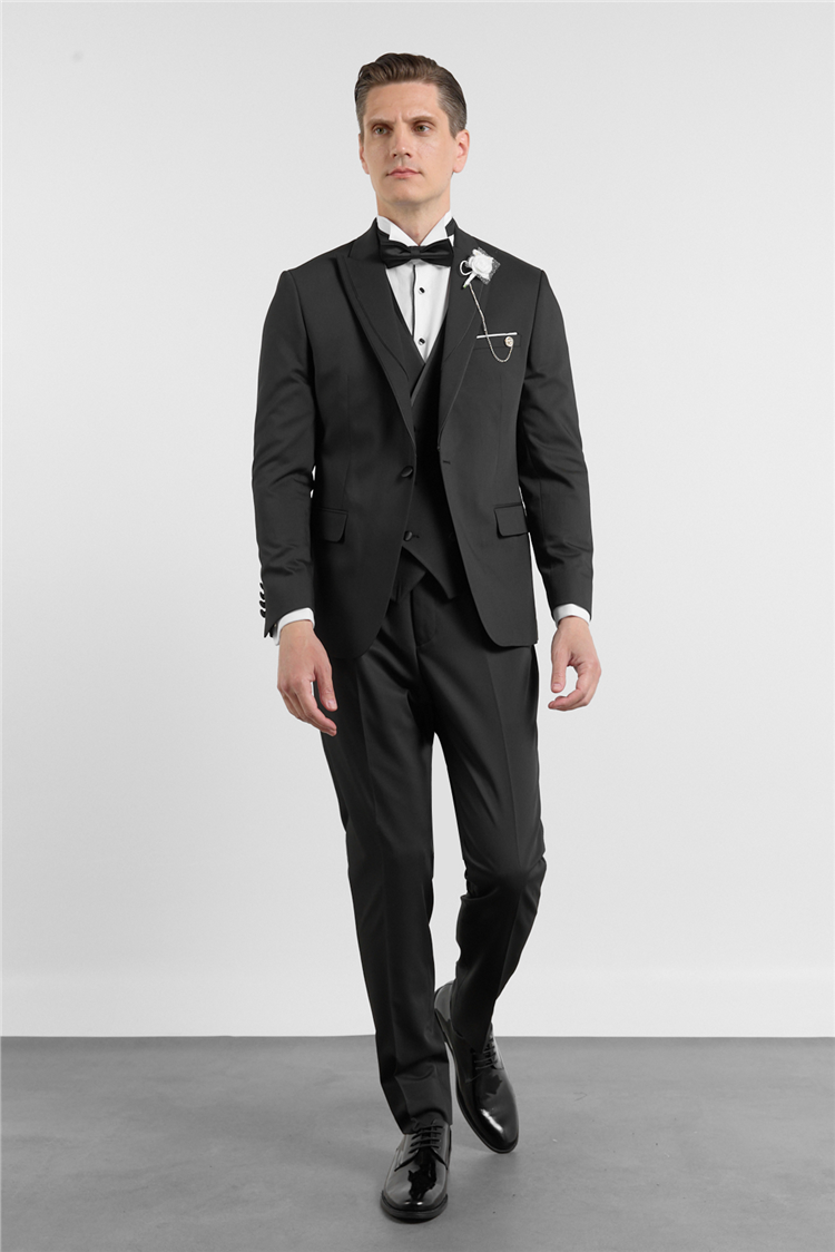 Siyah Kılıç Yaka Düz Desen 6 Drop Slim Fit Esnek Yelekli Takım Elbise 1001260290