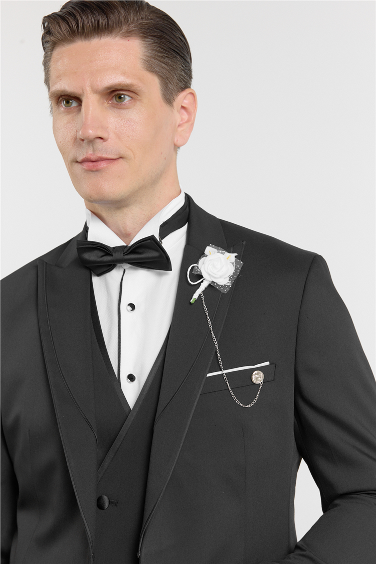 Siyah Kılıç Yaka Düz Desen 6 Drop Slim Fit Esnek Yelekli Takım Elbise 1001260290