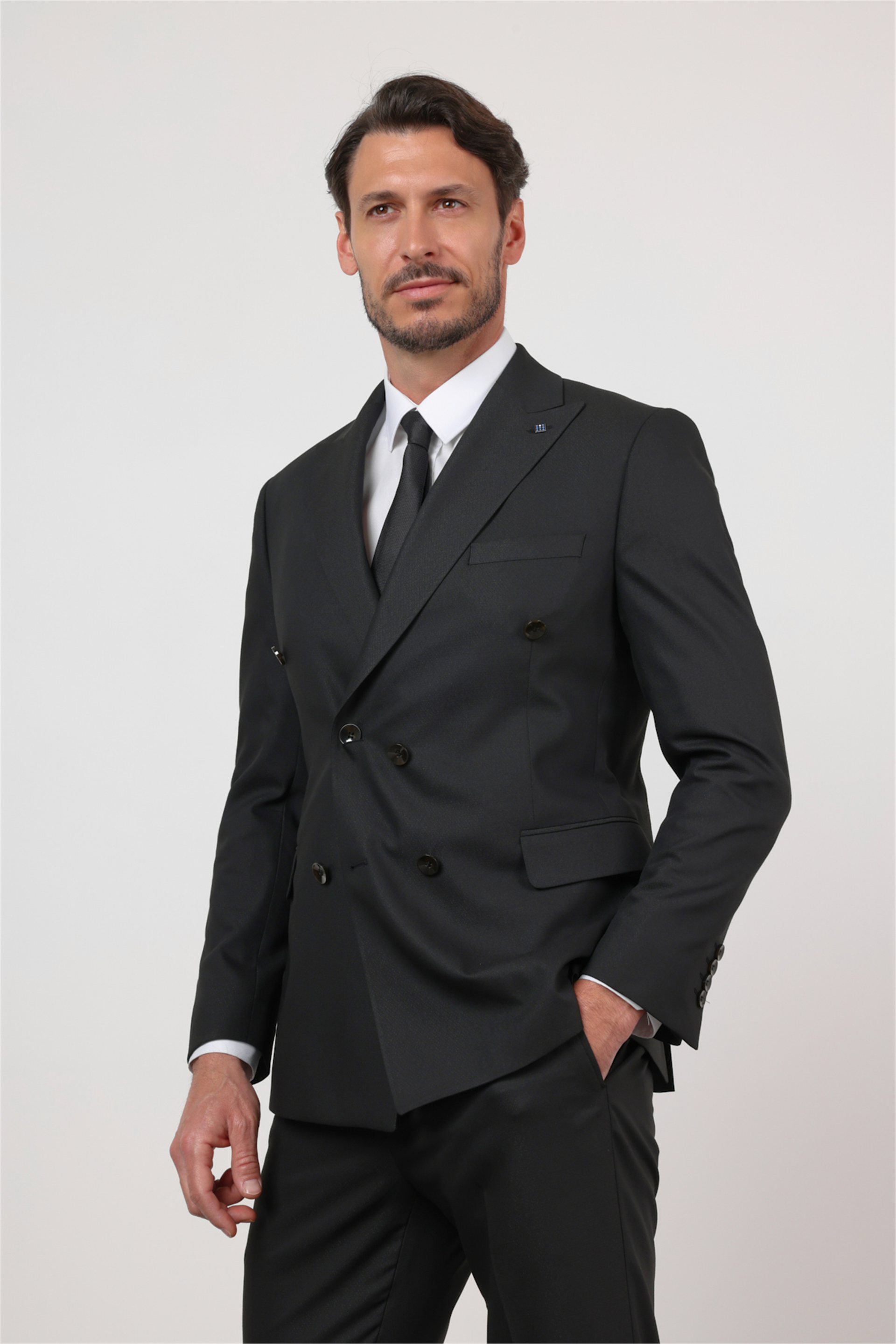 Siyah Kırlangıç Yaka Kruvaze 6 Drop Slim Fit Tam Astar Esnek Takım Elbise 1001260159