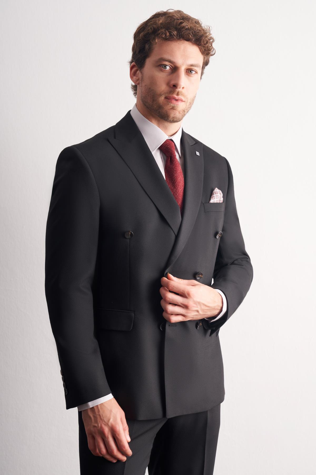Siyah Kırlangıç Yaka Kruvaze 6 Drop Slim Fit Tam Astar Esnek Takım Elbise 1001255158