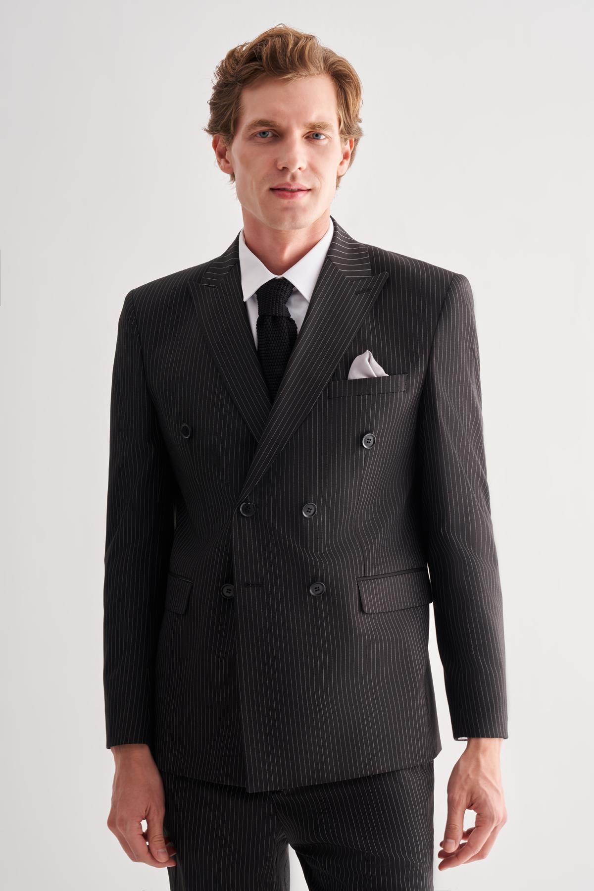 Siyah Kırlangıç Yaka Çizgili Kruvaze 6 Drop Slim Fit Tam Astar Esnek Takım Elbise 1001255152