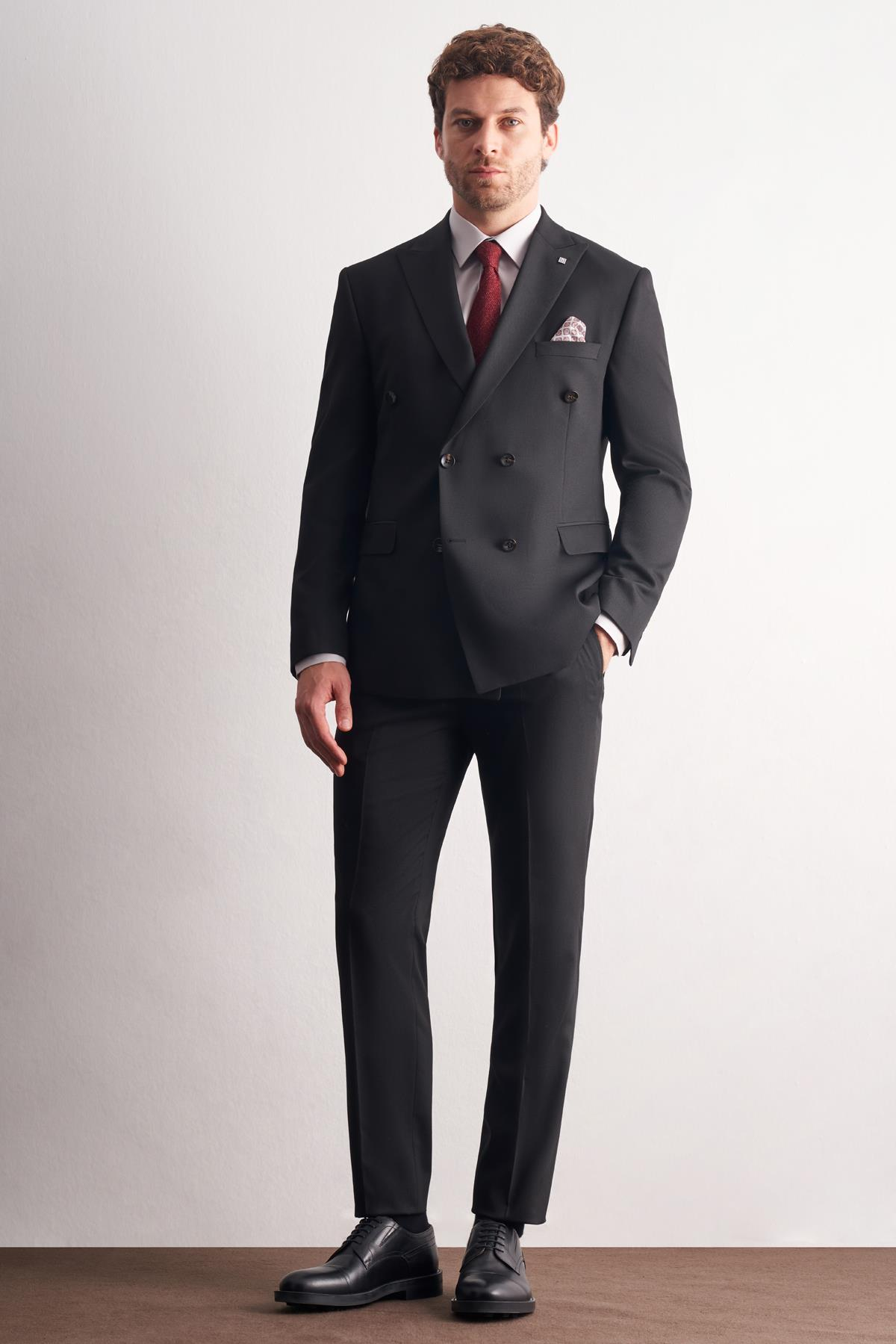 Siyah Kırlangıç Yaka Kruvaze 6 Drop Slim Fit Tam Astar Esnek Takım Elbise 1001255158