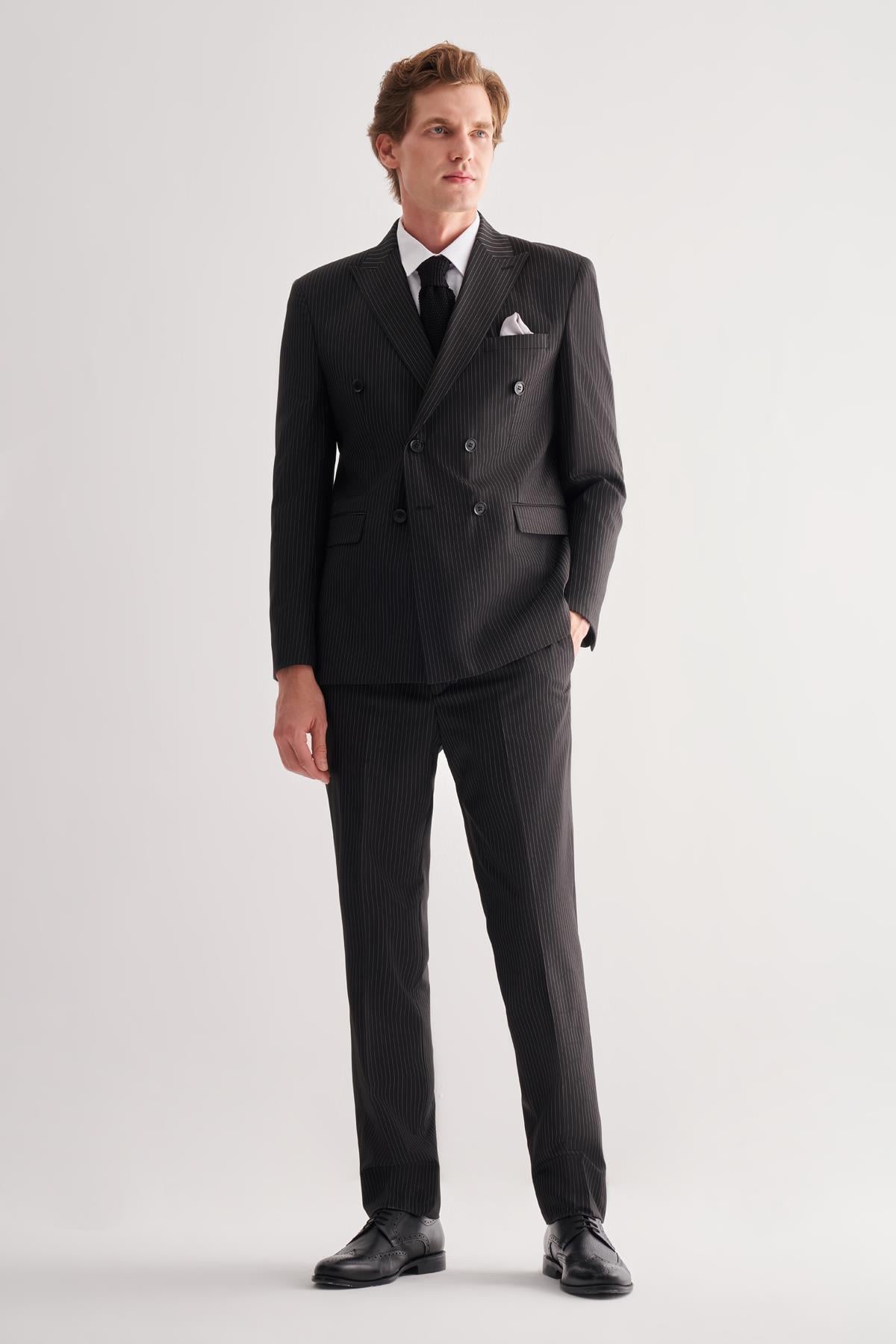 Siyah Kırlangıç Yaka Çizgili Kruvaze 6 Drop Slim Fit Tam Astar Esnek Takım Elbise 1001255152