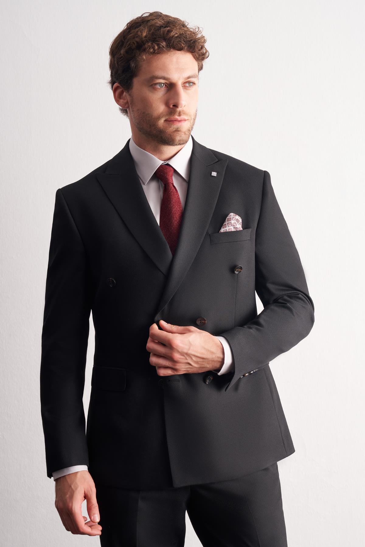 Siyah Kırlangıç Yaka Kruvaze 6 Drop Slim Fit Tam Astar Esnek Takım Elbise 1001255158