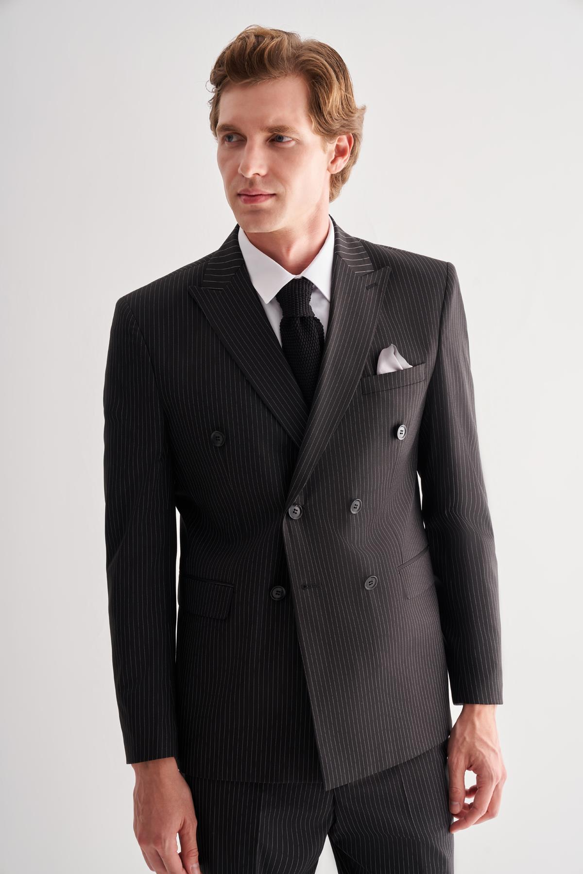 Siyah Kırlangıç Yaka Çizgili Kruvaze 6 Drop Slim Fit Tam Astar Esnek Takım Elbise 1001255152