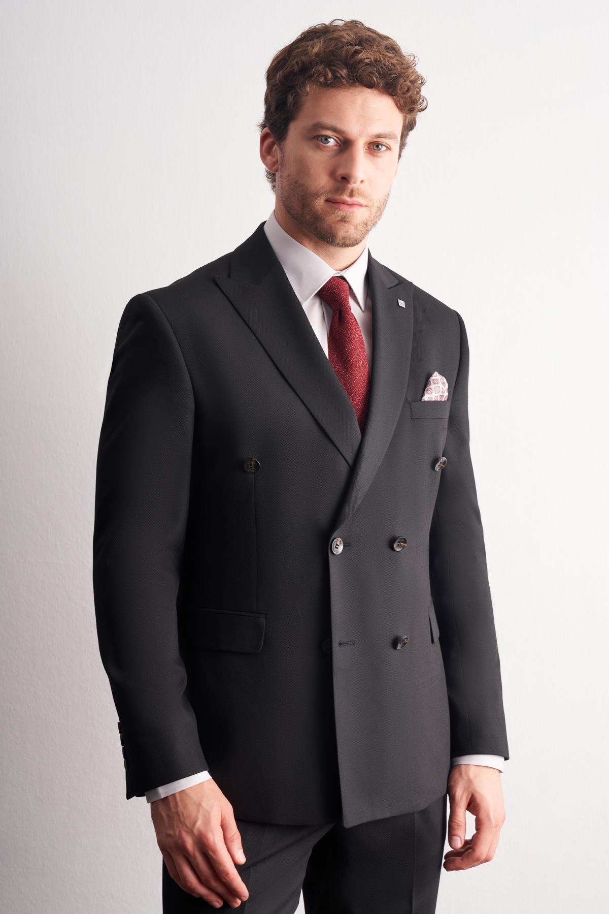 Siyah Kırlangıç Yaka Kruvaze 6 Drop Slim Fit Tam Astar Esnek Takım Elbise 1001255158