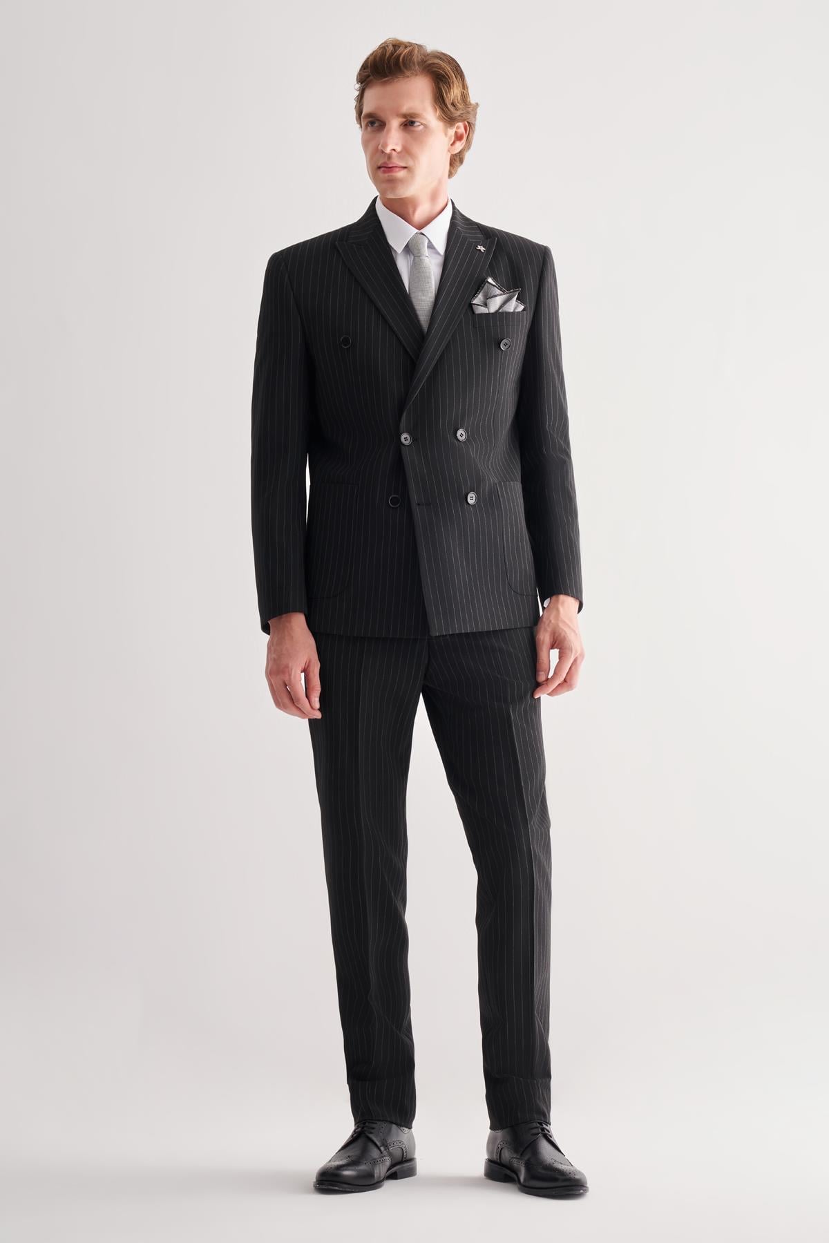 Siyah Kırlangıç Yaka Çizgili Kruvaze 6 Drop Slim Fit Tam Astar Esnek Takım Elbise 1001255154