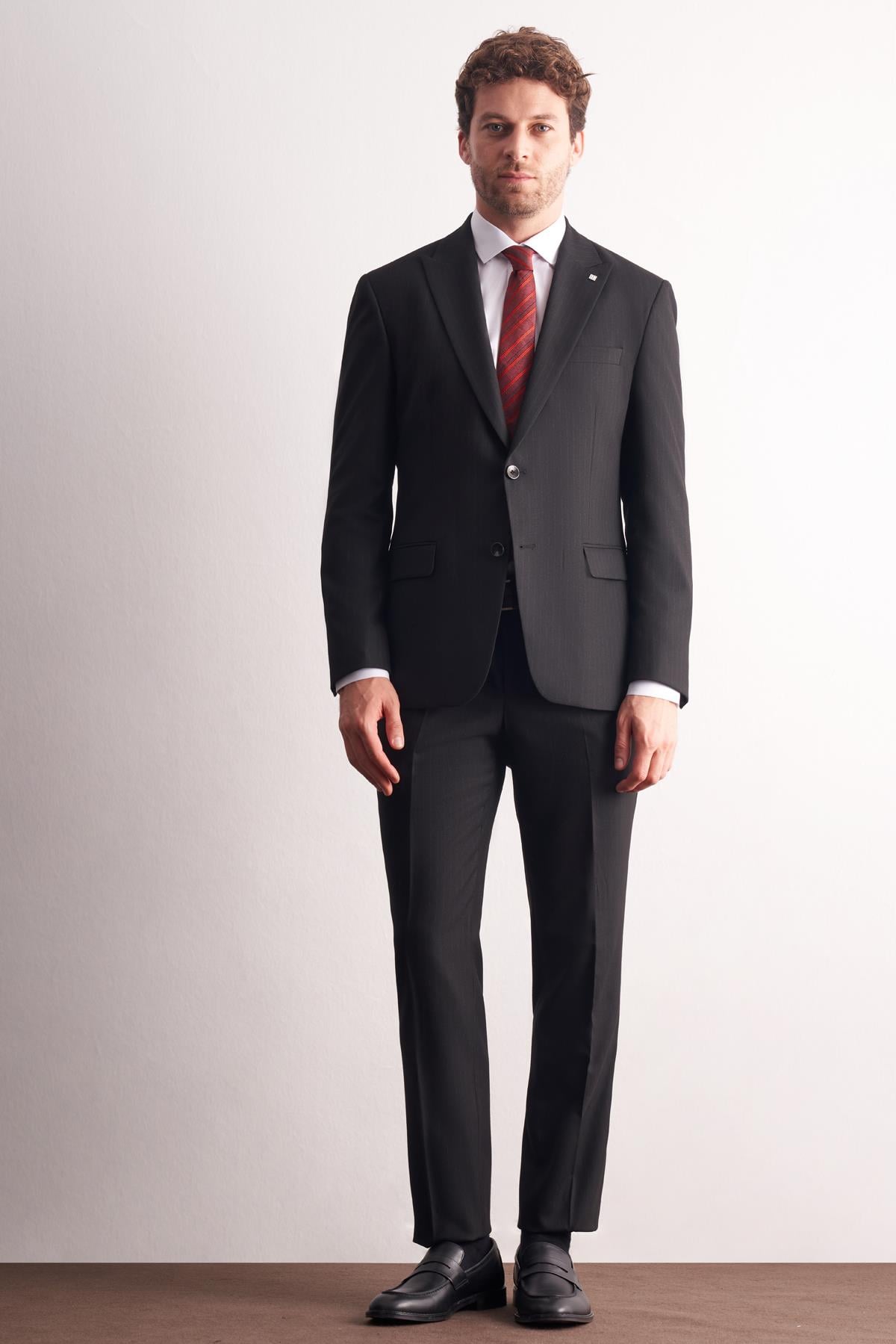 Siyah Kırlangıç Yaka Çizgili Desen Slim Fit 6 Drop Takım Elbise 1001255166