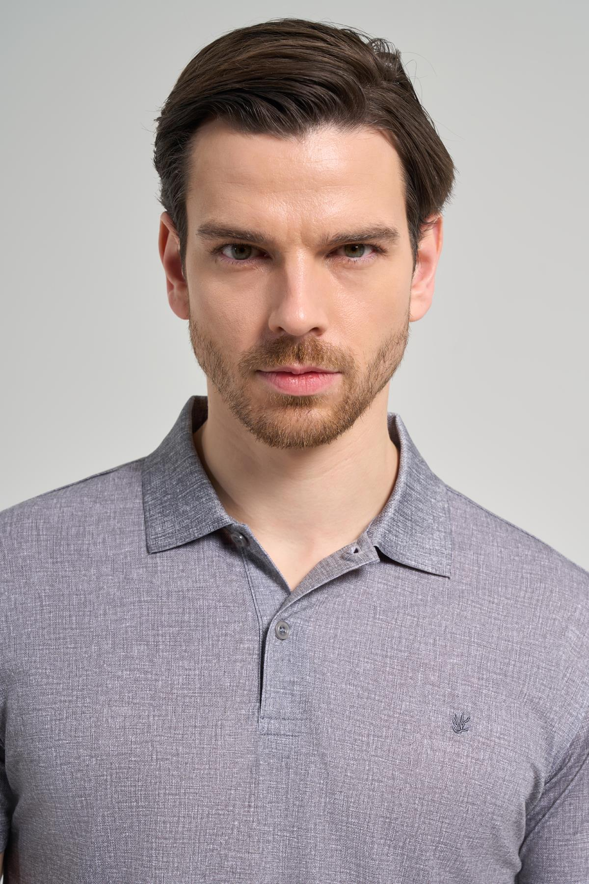 Siyah Kısa Kol Baskılı Pike Polo Yaka Cepsiz esnek Casual Slim Fit Tişört 1011250151