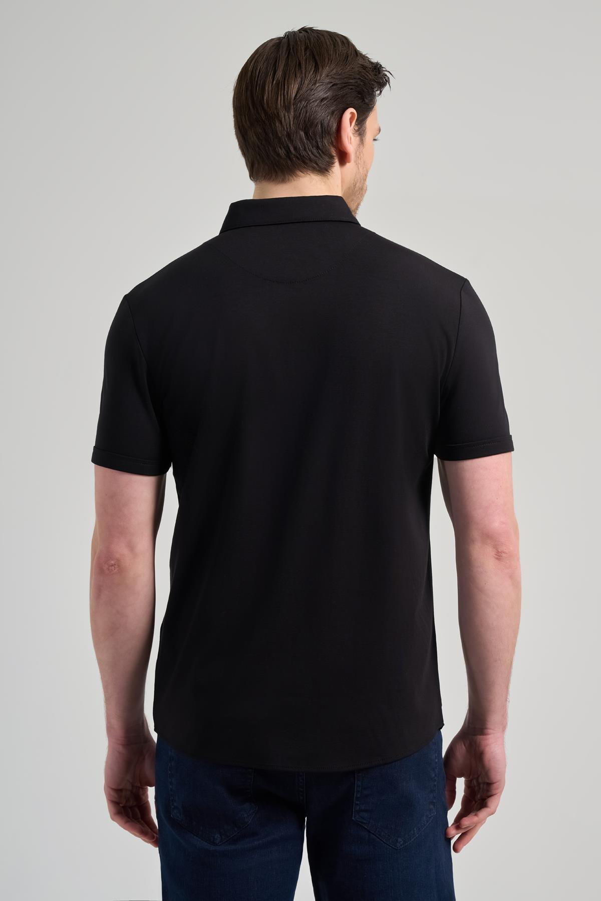 Siyah Kısa Kol Düz Örme İtalyan Yaka Cepsiz Pamuklu Classic Slim Fit Gömlek 1004250156