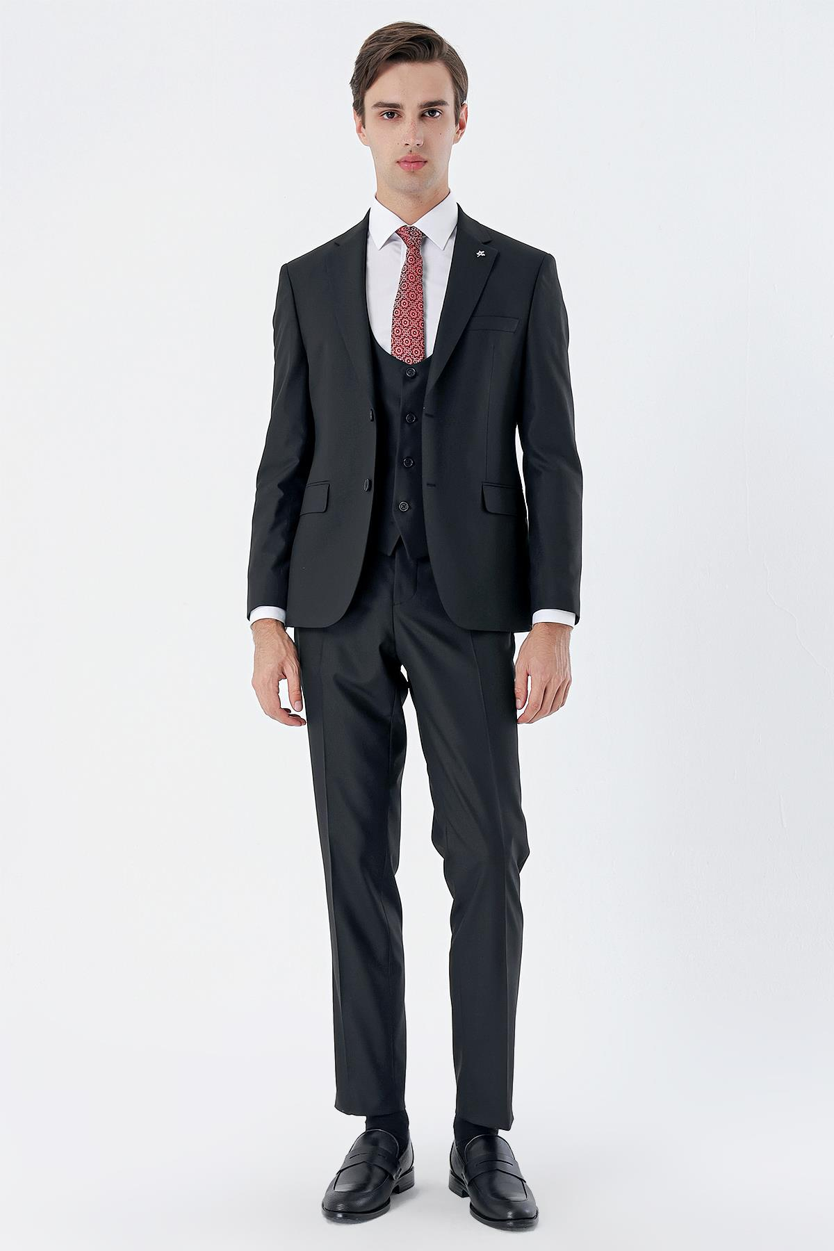 Siyah Mono Yaka Yelekli 6 Drop Slim Fit Tam Astar Esnek Takım Elbise 1001245186