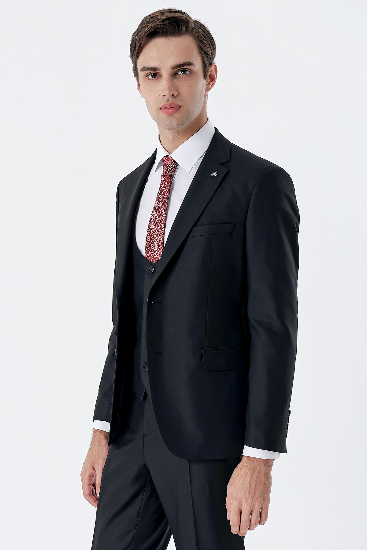 Siyah Mono Yaka Yelekli 6 Drop Slim Fit Tam Astar Esnek Takım Elbise 1001245186
