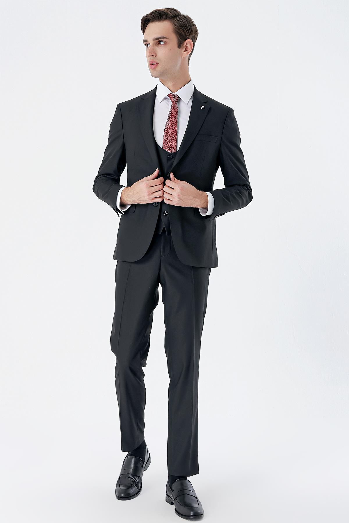 Siyah Mono Yaka Yelekli 6 Drop Slim Fit Tam Astar Esnek Takım Elbise 1001245186