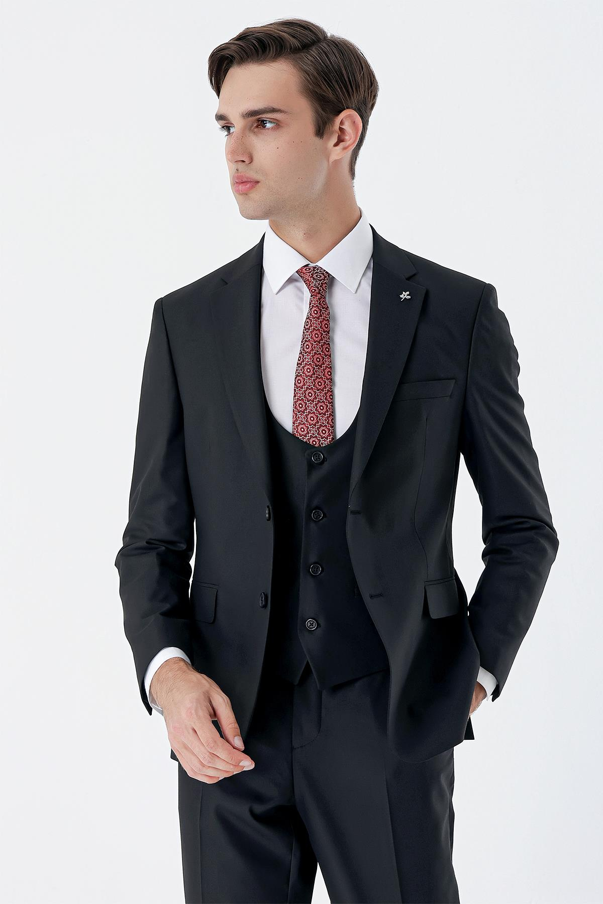 Siyah Mono Yaka Yelekli 6 Drop Slim Fit Tam Astar Esnek Takım Elbise 1001245186