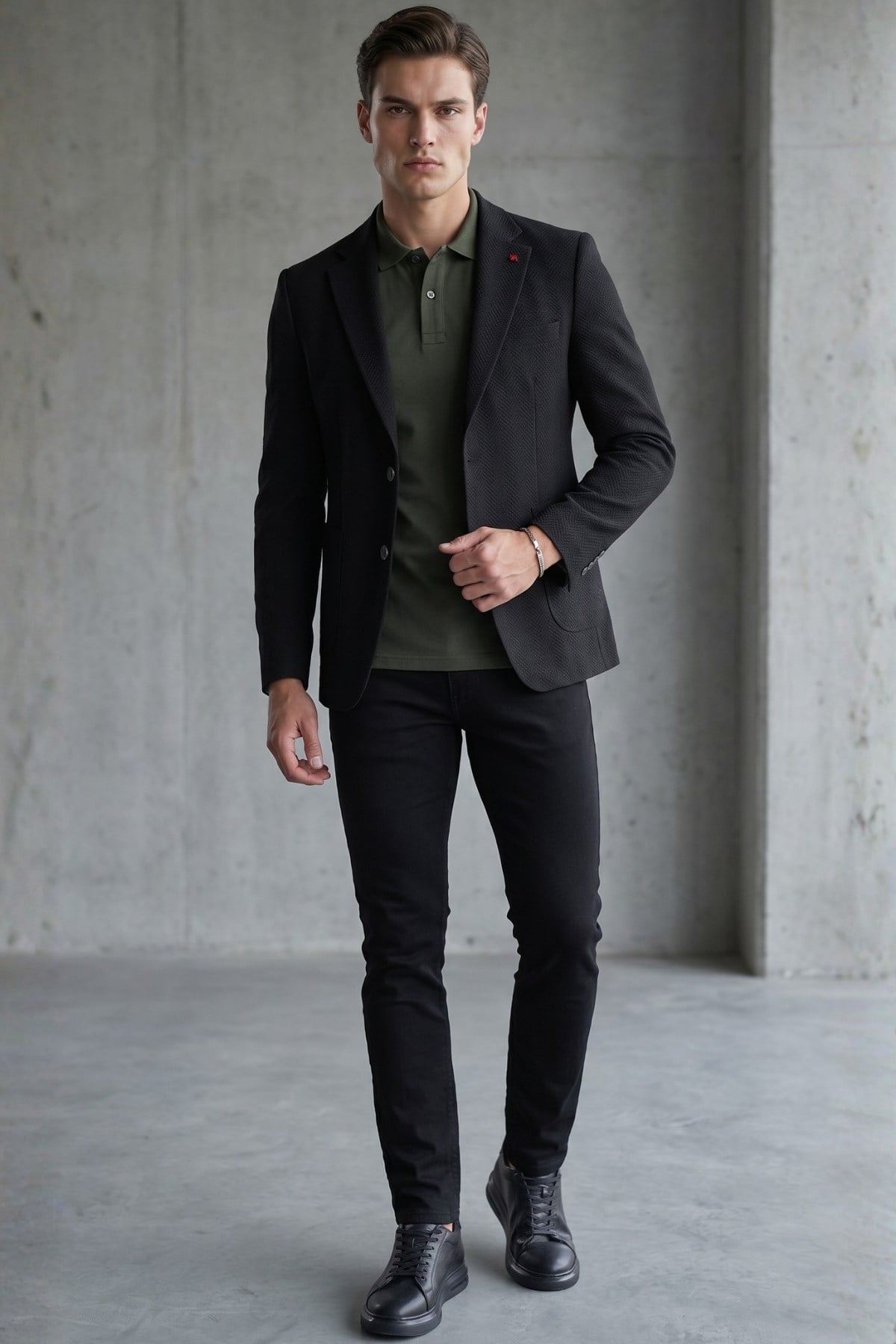 Siyah Siyah Mono Yaka Gofreli 6 Drop Slim Fit Esnek Ceket 1002260150