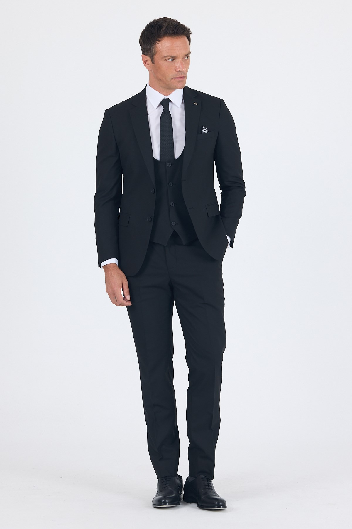 Siyah Mono Yaka Yelekli 6 Drop Slim Fit Tam Astar Esnek Takım Elbise 1001260186