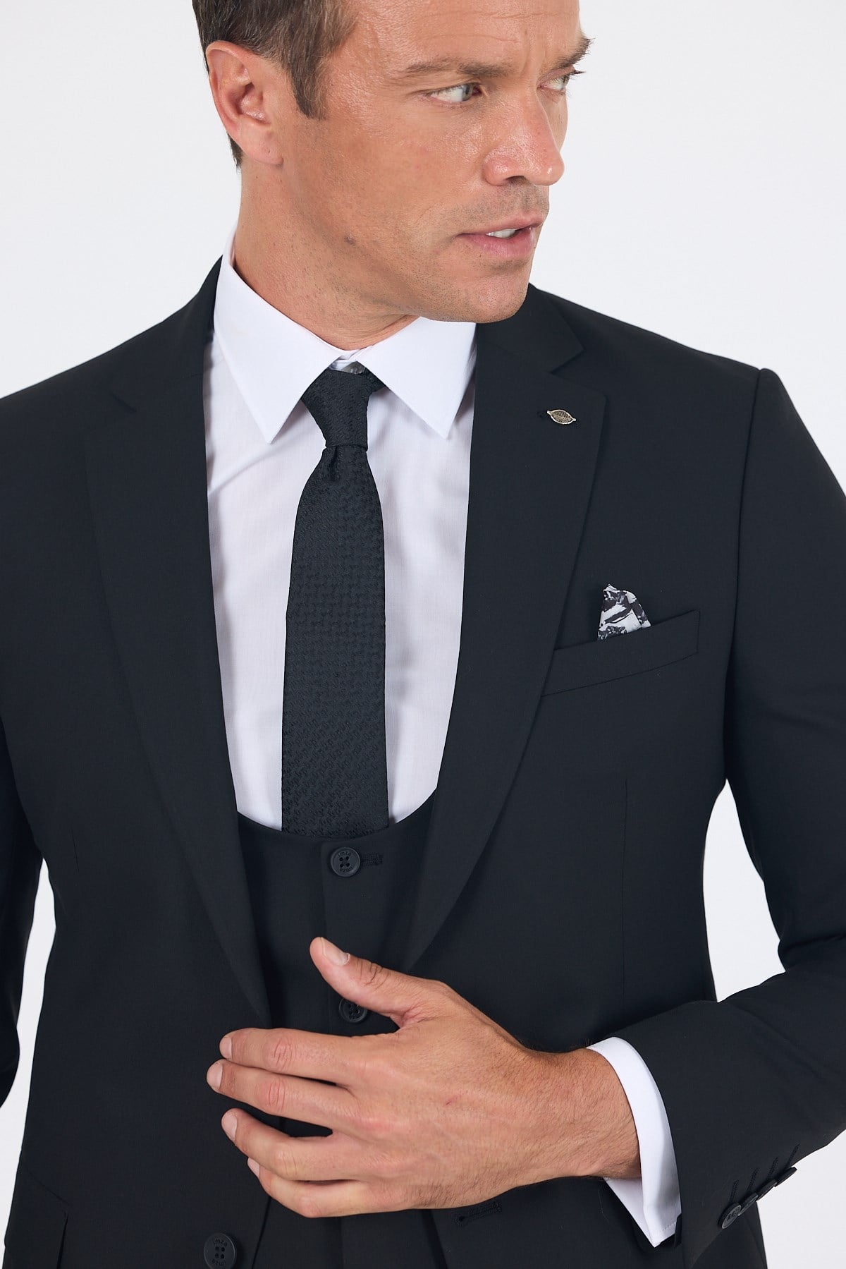 Siyah Mono Yaka Yelekli 6 Drop Slim Fit Tam Astar Esnek Takım Elbise 1001260186