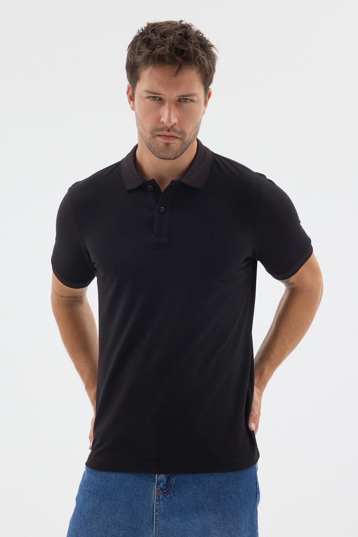 Siyah-Mürdüm Polo Yaka Pike Kısa Kol Slim Fit %100 Pamuk Tişört 1011260171