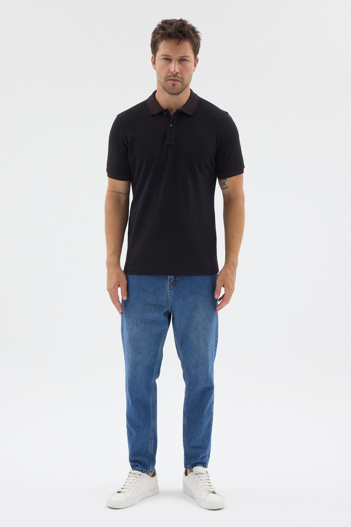 Siyah-Mürdüm Polo Yaka Pike Kısa Kol Slim Fit %100 Pamuk Tişört 1011260171
