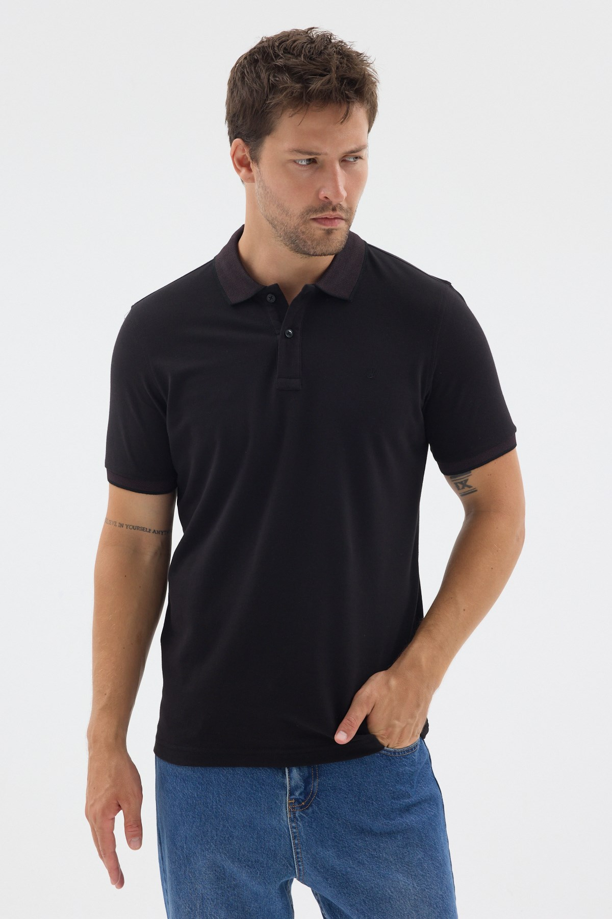 Siyah-Mürdüm Polo Yaka Pike Kısa Kol Slim Fit %100 Pamuk Tişört 1011260171