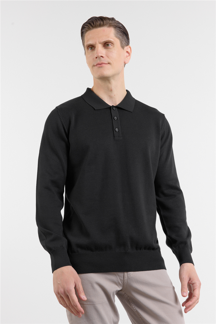 Siyah Polo Yaka Cepsiz Comfort Fit Classic Triko Kazak 1012255255