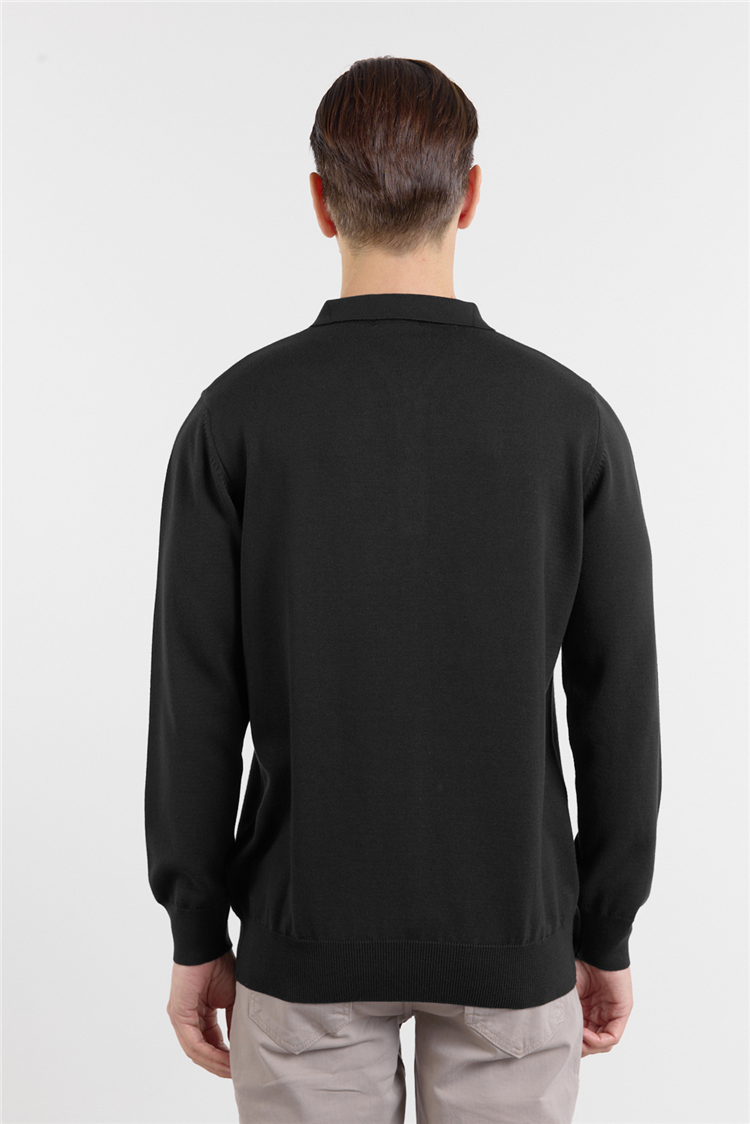 Siyah Polo Yaka Cepsiz Comfort Fit Classic Triko Kazak 1012255255
