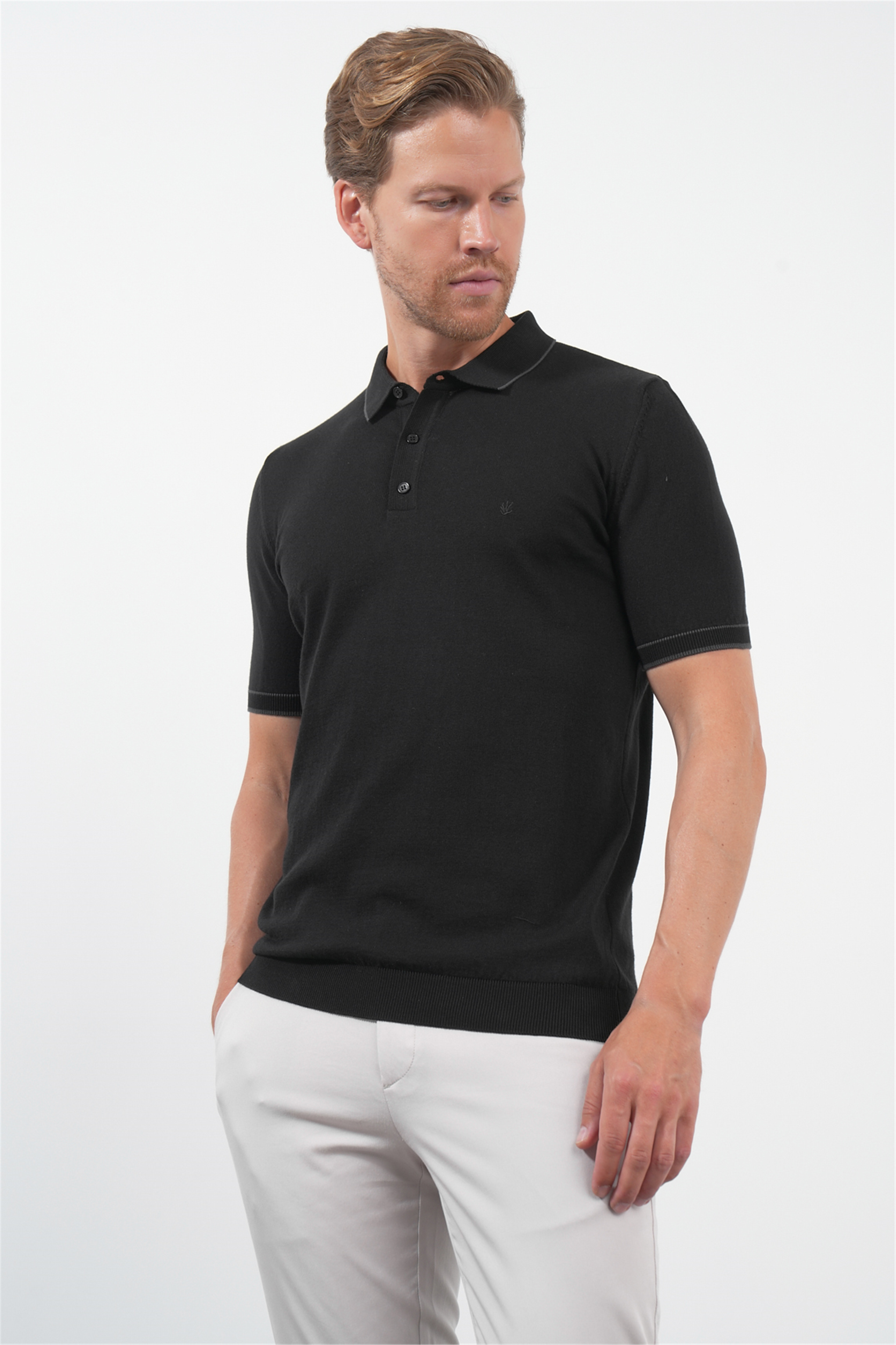 Siyah Polo Yaka Kısa Kol Örme Comfort Fit %100 Pamuk Kazak 1012260151