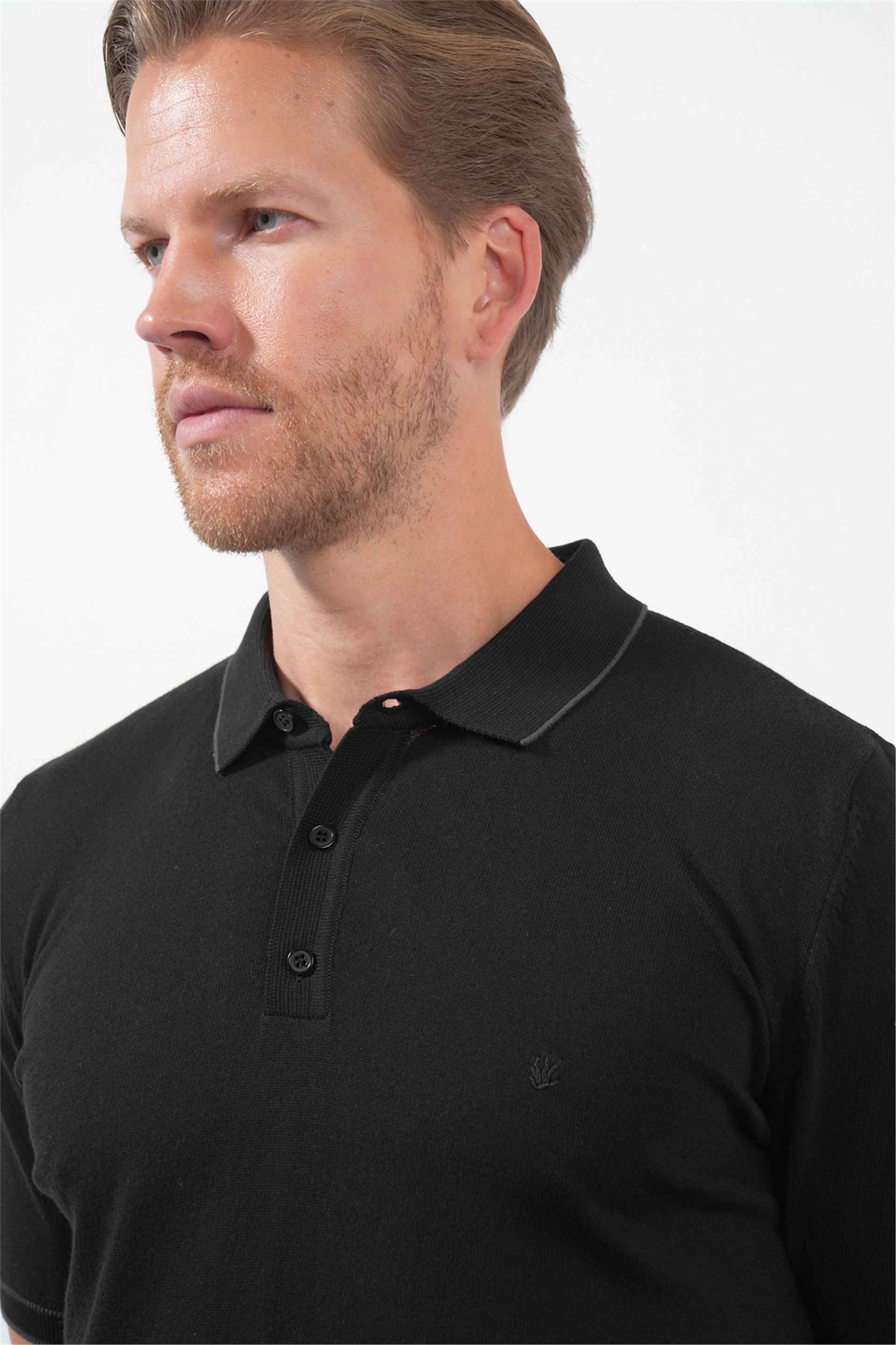 Siyah Polo Yaka Kısa Kol Örme Comfort Fit %100 Pamuk Kazak 1012260151