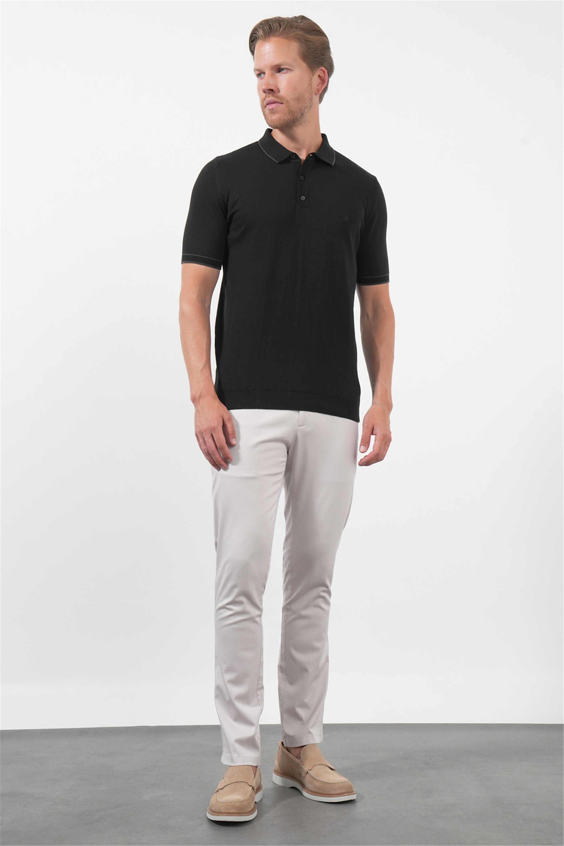 Siyah Polo Yaka Kısa Kol Örme Comfort Fit %100 Pamuk Kazak 1012260151