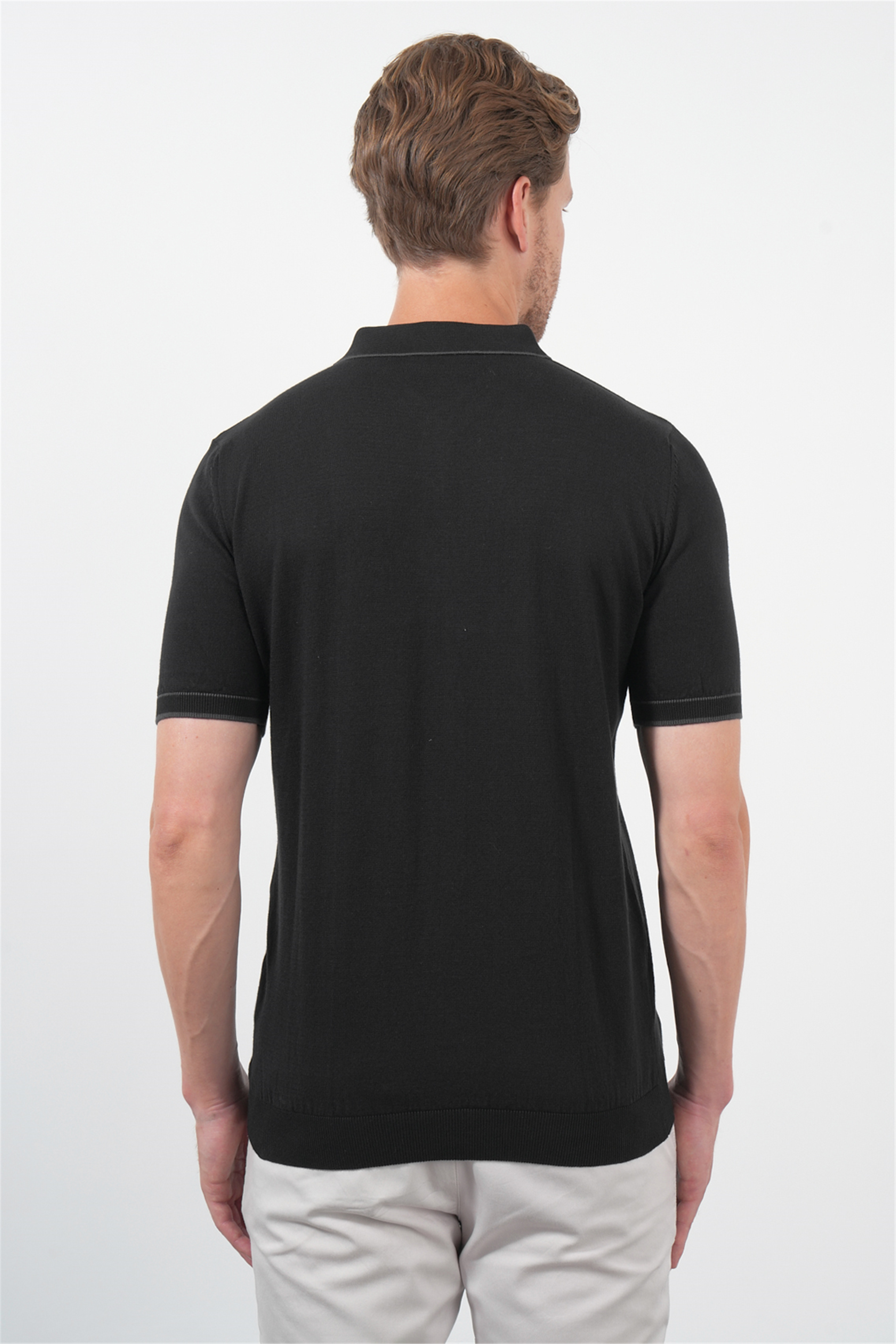 Siyah Polo Yaka Kısa Kol Örme Comfort Fit %100 Pamuk Kazak 1012260151